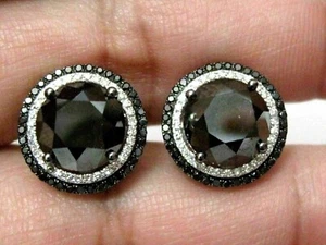 Certified 20 Ct Round Black Diamond Stud Earring With Accents In 925 Silver - Picture 1 of 3