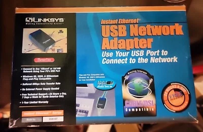 LINKSYS USB ETHERNET NETWORK RJ45 USB ADAPTER #USB10T w/ORIGINAL BOX & CABLE - Image 1 of 2