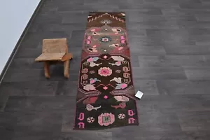 Vintage Türkischer Läufer Teppich 2x6ft Wolle Anatolisch Handarbeit Flur Oushak BRAUN - Bild 1 von 9