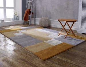Geometric Contemporary Blocked Yellow L. Grey Wool Mix Thick Pile Handmade Rugs - Picture 1 of 2
