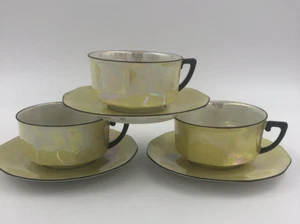 3-Green Mother of Pearl Coffee/Tea Cup with Black Trim Union T Czecho-Slovakia - Picture 1 of 7