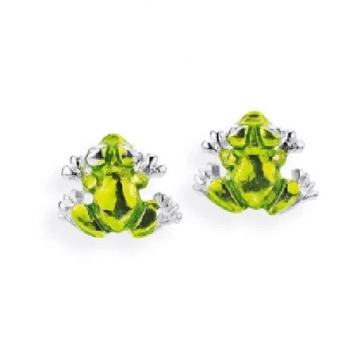 Laimons Kinder Ohrstecker „Frosch“ Aus Sterling Silber 925 – 9x8 Mm, Grün Emailliert, Mit Gummiverschluss