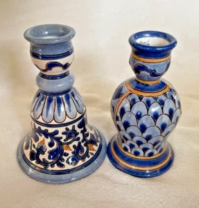 Artist Made Candle Holders Hand Painted Blue Pottery Set of 2 SIGNED - Picture 1 of 6