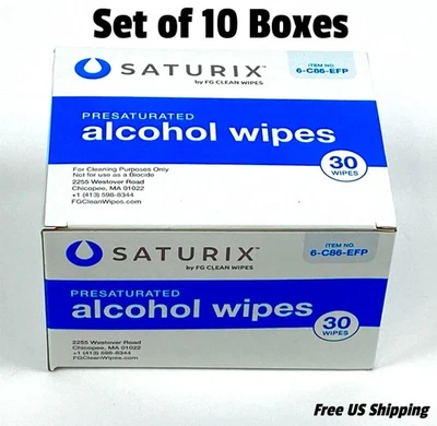 Saturix 8x6 Inch Pre-Saturated Alcohol Wipes 30-Pack Medical Cleaning Set of 10 - Image 1 of 4