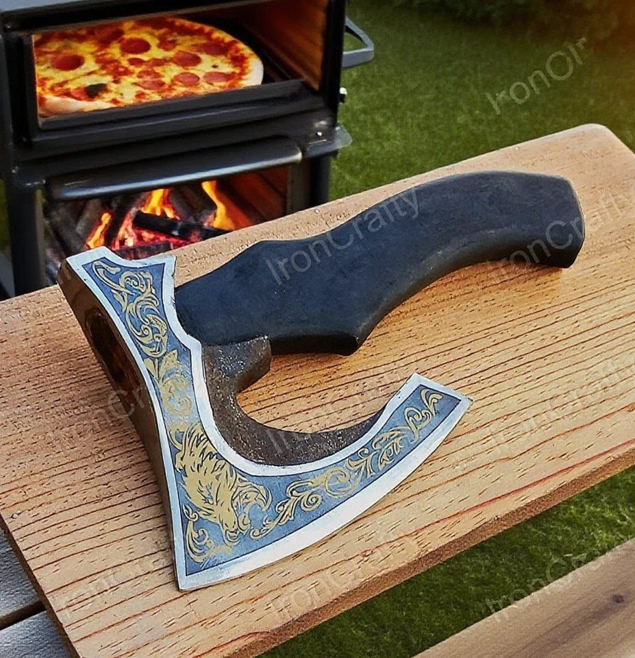 Cortador de hacha de pizza estilo vikingo - mango de madera cortador de acero inoxidable de alta resistencia Foto 1 de 1