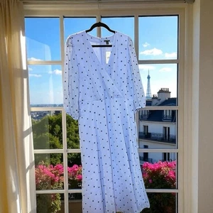 Ann Taylor Blue Lined Star & Dot Embroidered Maxi Dress Puff Sleeves NWT - Photo 1/7