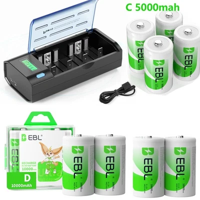 C D Size 1.2V NI-MH Batteries 500O/1000OmAh /Charger Rechargeable Battery Lot - Image 1 of 4