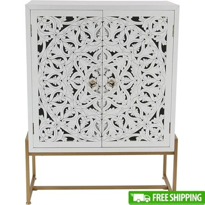 Armario de almacenamiento de madera tradicional con tallas florales diseño cuadrado base de hierro nuevo Foto 1 de 4