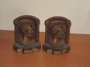 Pair Antique Bronze ? Cast Iron ? ABRAHAM LINCOLN Sculptured Profile Bookends  - Picture 1 of 4