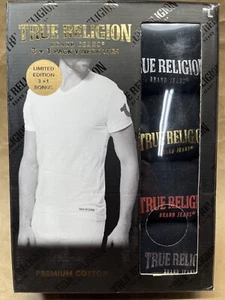 TRUE RELIGION 4-Pack Men's Size: L Premium Cotton V Neck Logo T Shirt Black - Picture 1 of 8
