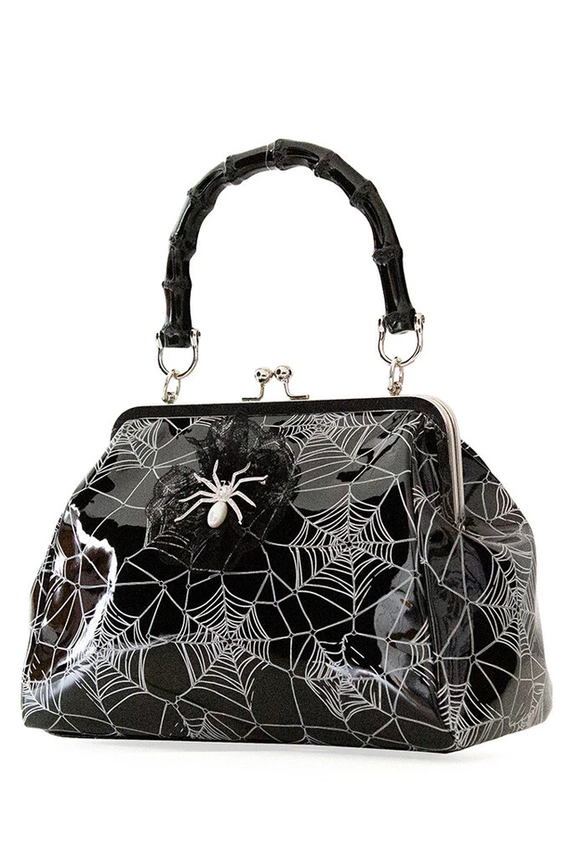 Black Retro Glitter Printed Web Spider Brooch Killian Handbag Bag BANNED Apparel - Image 1 of 3
