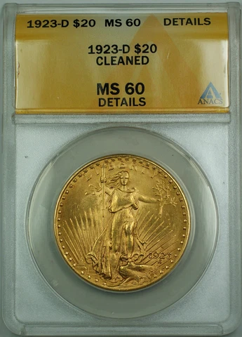 1923-D $20 St. Gaudens Double Eagle Gold Coin ANACS MS-60 Details Cleaned JBH Cover