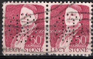 Perfins USA 1965, Sc1293 2x 5c Lucy Stone. Used OW - Picture 1 of 3