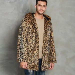 Mens Leopard Hooded Faux Fur Coat Parkas Jackets Mid Long Outwear Warm Sz S-3XL - Picture 1 of 12