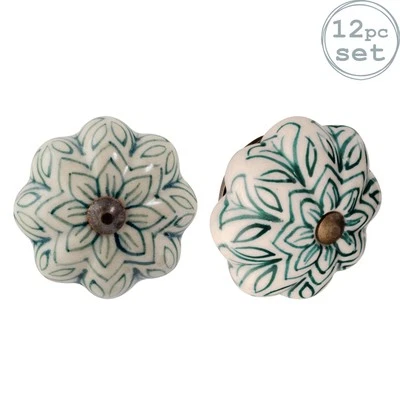 12x Floral Ceramic Cabinet Knobs Cupboard Door Drawer Handles Dark Green - Image 1 of 4