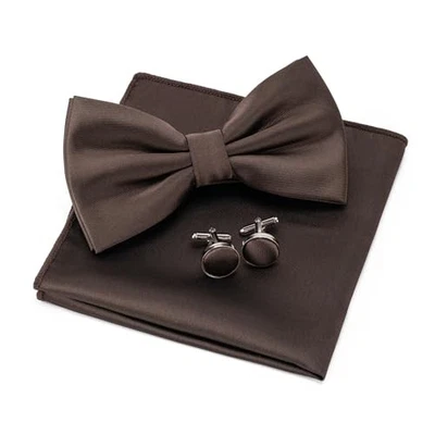 Pajarita preatada doble pliegue color liso para hombre y gemelos cuadrados de bolsillo marrón Foto 1 de 4
