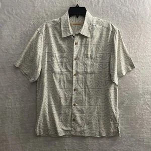 Tommy Bahama Mens Hawiian Shirt Beige Blue Geiometric S Silk Short Sleeve Collar - Picture 1 of 7