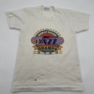 Vtg 80s Utah Jazz T Shirt Youth L White 1989 Midwest Champions Stockton Malone - Picture 1 of 11