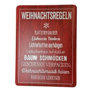 Rotes Schild mit weißen "Weihnachtsregeln", Schneeflocke, Text; rustikale Holz - Bild 1 von 2