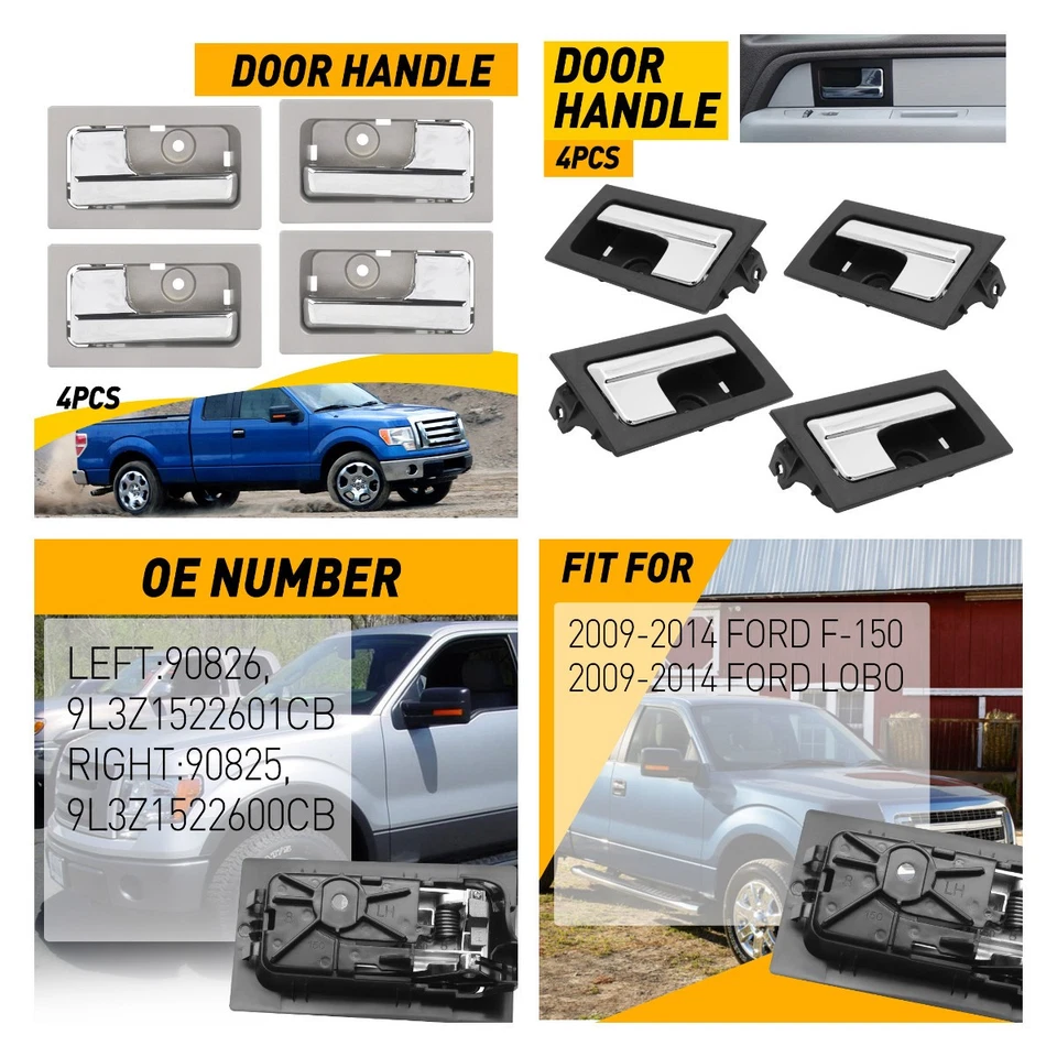 4x Manija de puerta interior para Ford F-150 2009-2014 bisel negro/plateado palanca cromada Foto 1 de 1