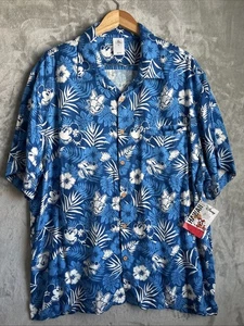 Disney Shirt Men 2XL Blue Floral Button Up Hawaiian Pocket - Picture 1 of 7