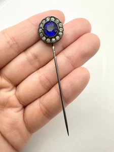 Antique signed sterling silver blue glass stick pin - Bild 1 von 5