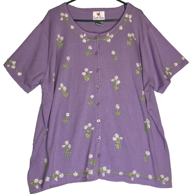 Quacker Factory Sweater Womens 3x Embroidered Flowers Grandmacore Retro Purple - Image 1 of 4
