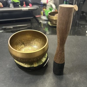 Tibetan Singing Bowl Set with Mallet and Green Cushion, 4" - Picture 1 of 4