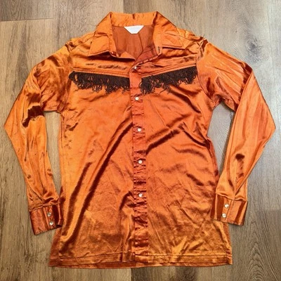 Vtg 60s 70s Pearl Snap Shirt Gaucho Fringe Rockabilly Western Cowboy Mens Large - Image 1 of 4