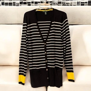 Ralph Lauren Women’s XL Cardigan Sweaters/ Pockets  Black White Yellow Stripes - Picture 1 of 6