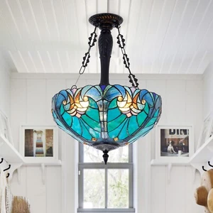 Tiffany 3-Light Inverted Chandelier 16" Stained Glass Ceiling Light Pendant Lamp - Picture 1 of 16