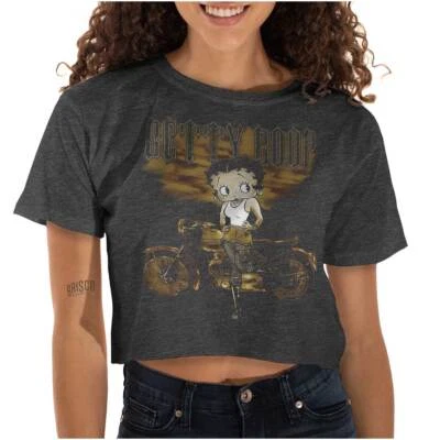 Camiseta corta Betty Boop retro vintage de dibujos animados motociclista chica para mujer borde crudo Foto 1 de 4
