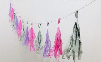 3 тканевые бумажные гирлянды баннеры — всего 45 футов /36 кисточек — лаванда, розовый, серый - Изображение 1 из 4