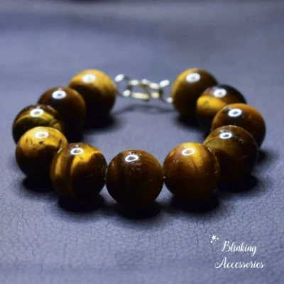 Pulseira de pedras preciosas olho de tigre - Contas de 16 mm, pulseira unissex masculina com miçangas - Imagem 1 de 4