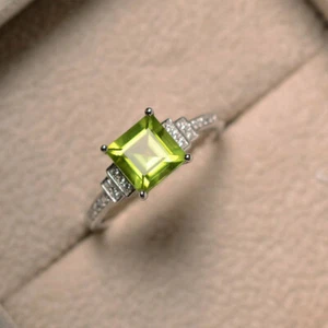 Princess Cut 1.95 Ct Natural Diamond & Peridot Wedding Ring 950 Platinum Size 5 - Picture 1 of 8