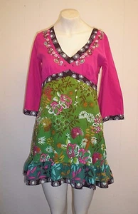 Lovely Pink & Green Beaded & Sequinned Floral Dress Long Top - Size M - BNWOT! - Picture 1 of 3