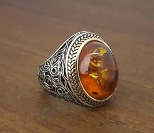 Solid 925 Sterling Silver Natural Yellow Baltic Amber Gemstone Signet Men's Ring - Picture 1 of 11