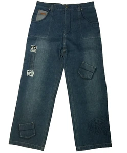 MECCA WIDE LEG JEANS BOYS 18H EMBROIDERED PATCHES DENIM SKATER HIP HOP 33"x28.5" - Picture 1 of 23
