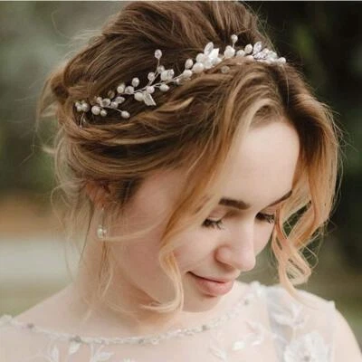Pearl Bridal Headband Silver Leaf Hair Vine Wedding Crystal Hairpiece - Image 1 of 4