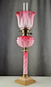 Victorian Cranberry Glass Column Fount & Shade Kerosene Paraffin Duplex Oil Lamp - Picture 1 of 14