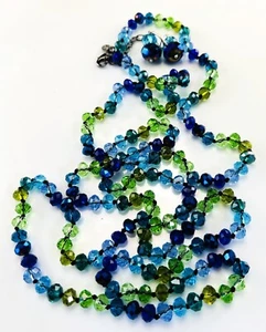 VINTAGE JOAN RIVERS VERY LONG CZECH GLASS BEAD NECKLACE & EARRINGS BLUES GREENS - Picture 1 of 3