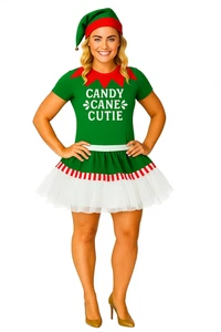 Adults Candy Cane Cutie Xmas Festive Elf Christmas Fancy Dress Costume - Picture 1 of 19