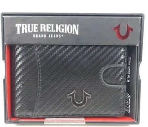True Religion Men Bifold Genuine Leather Wallet Carbon Fiber With Desk Valet New - Picture 1 of 7