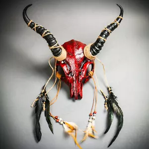 Antelope Devil Animal Skull Impala Horns Halloween Masquerade Mask Headgear RED - Picture 1 of 9