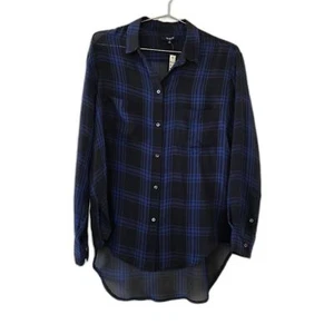 Madewell Plaid Silk Button Down Shirt Black Blue Size S Long Sleeve Sheer Blouse - Picture 1 of 14