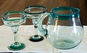 Blown Art Glass Pitcher & 2 Margarita Glass Set AQUA Rims MEXICO EXCELLENT COND - Picture 1 of 9