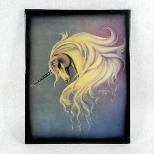 Sue Dawn Unicorn Picture On Wood Plaque Vintage Blue And Purple 1980s - Picture 1 of 13