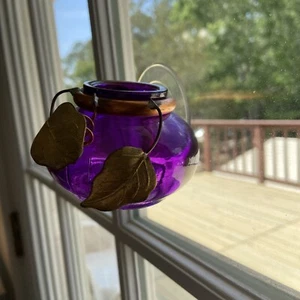Purple Glass Vase Metal Good And Copper Leaves 2.25”x3” Unique Window Holder - Picture 1 of 10