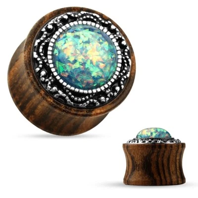 PAIR-Wood w/Glittered Opal Green Saddle Flare Ear Plugs 14mm/9/16" Gauge  — 第 1/3 张图片