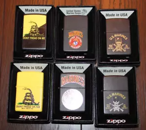 6 Bradford Exchange Zippo Lighters - MARINES USMC - USED IN EUC WITH BOXES - Picture 1 of 5